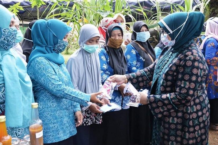 Rahima Saat Memberikan Masker Kepada PKK Tanjung Jabung Timur. (Foto By. Humas Pemprov Jambi)